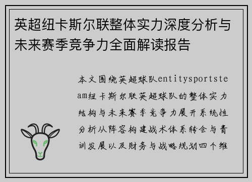 英超纽卡斯尔联整体实力深度分析与未来赛季竞争力全面解读报告